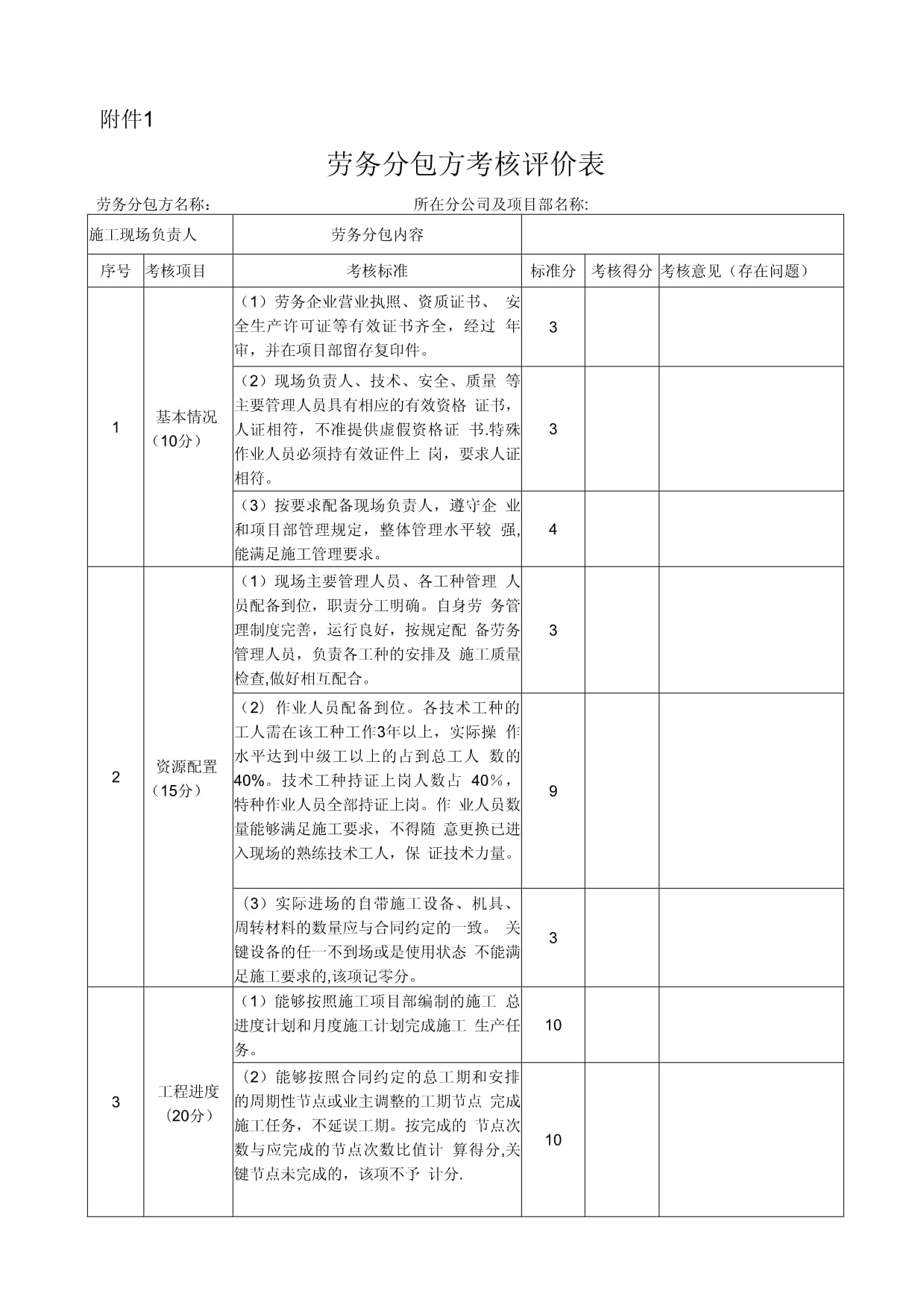勞務分包方考核評價表格附表